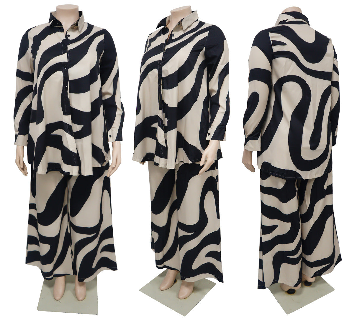 Printed Loose Long Sleeves Shirt Straight Leg Trousers Set