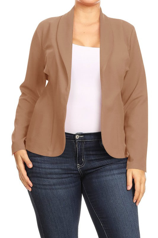Open front long sleeves waist length blazer jacket in beige.