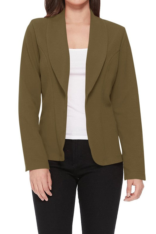 Open front long sleeves casual fitted style blazer in olive green.
