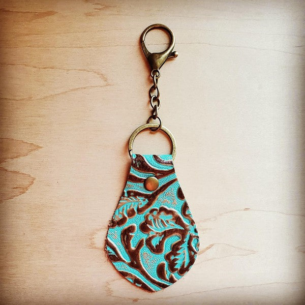 Embossed Leather Key Chain Cowboy Turq