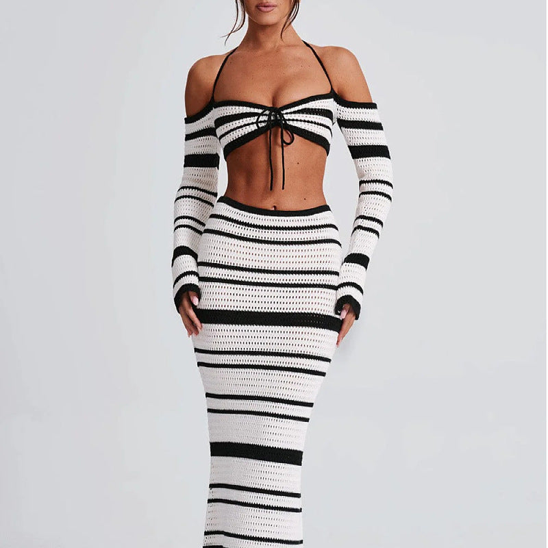 Long Sleeve Halter Top Skirt Two Piece