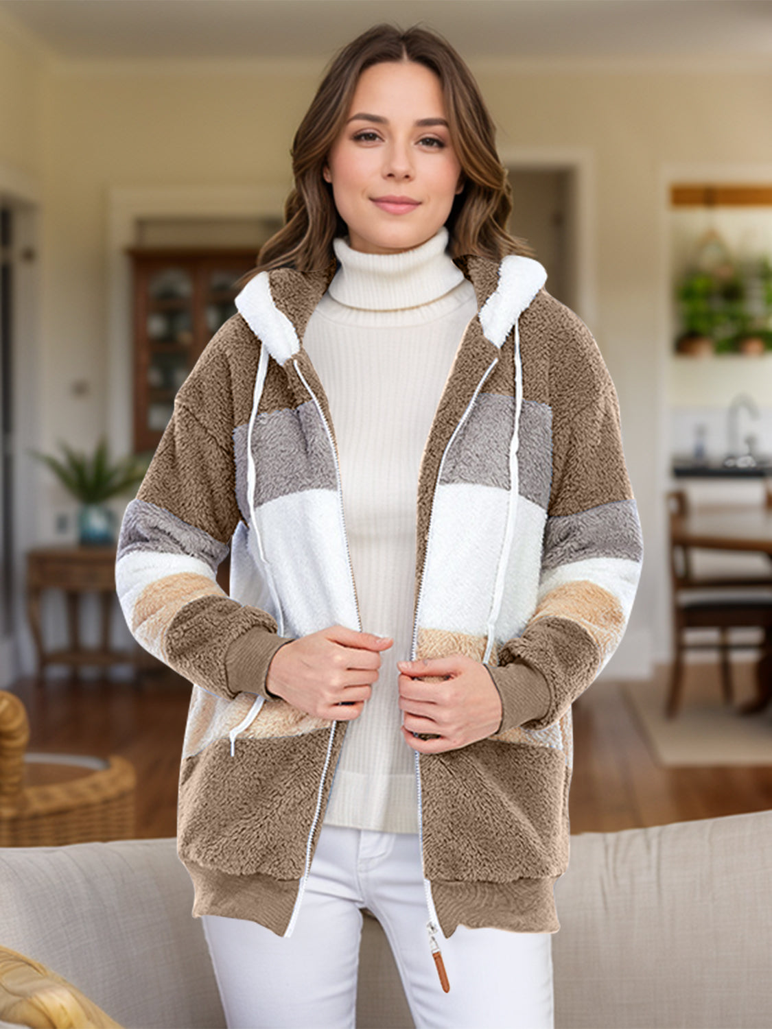 Full Size Drawstring Color Block Zip Up