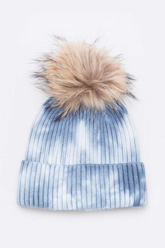 Raccoon Fur Pom Tie Dyed Cotton Blend Beanie