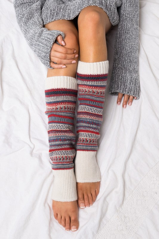 Cozy Short Fairisle Legwarmers in thick knit with soft Fair Isle print, 17 inches long.