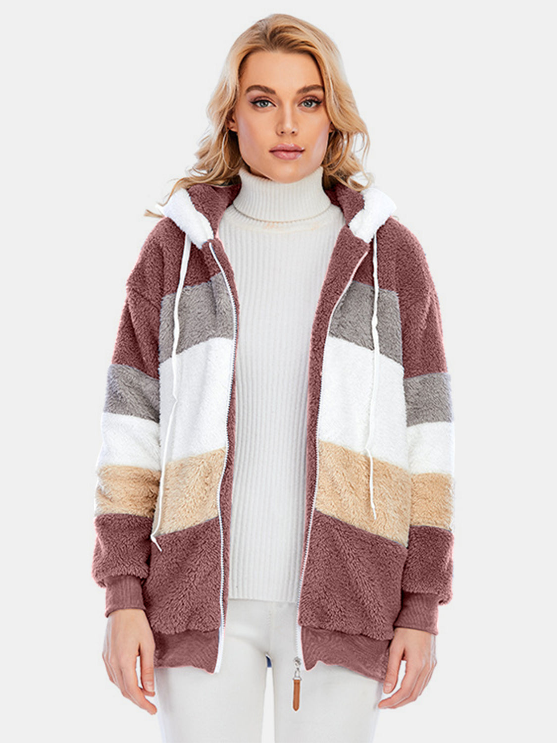 Full Size Drawstring Color Block Zip Up