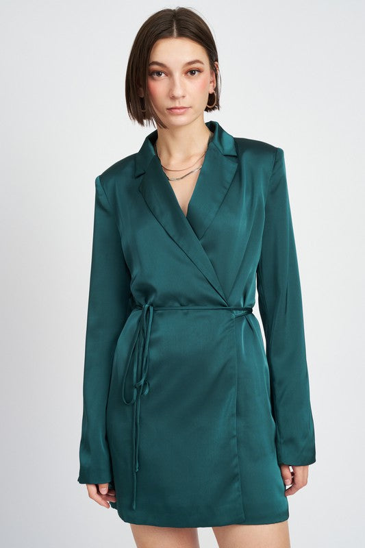Emerald green wrapped blazer mini dress with drawstring, non-stretch and non-sheer polyester fabric.