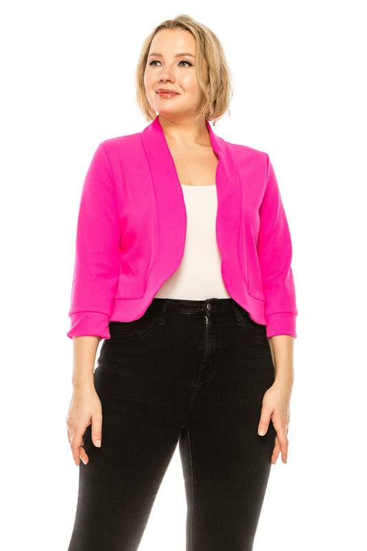 Plus size, solid waist length blazer cardigan with open front and cuffed sleeves.