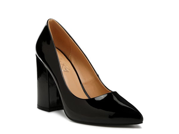 KAMIRA block heeled formal patent PU pumps with pointed toe and slip-on design in black