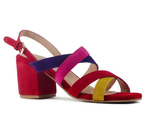 MON LAPIN high block heel suede leather sandal with multicolor straps and pin buckle fastening.