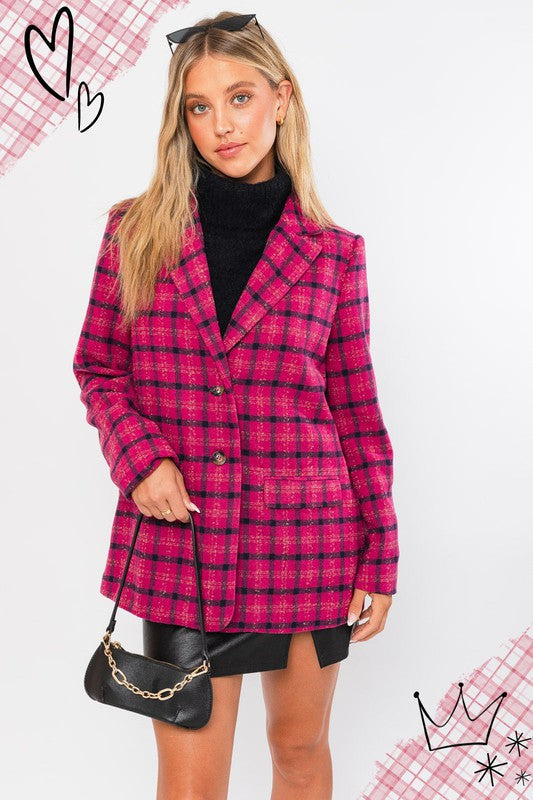 Plaid single button blazer coat with long sleeves and collar.