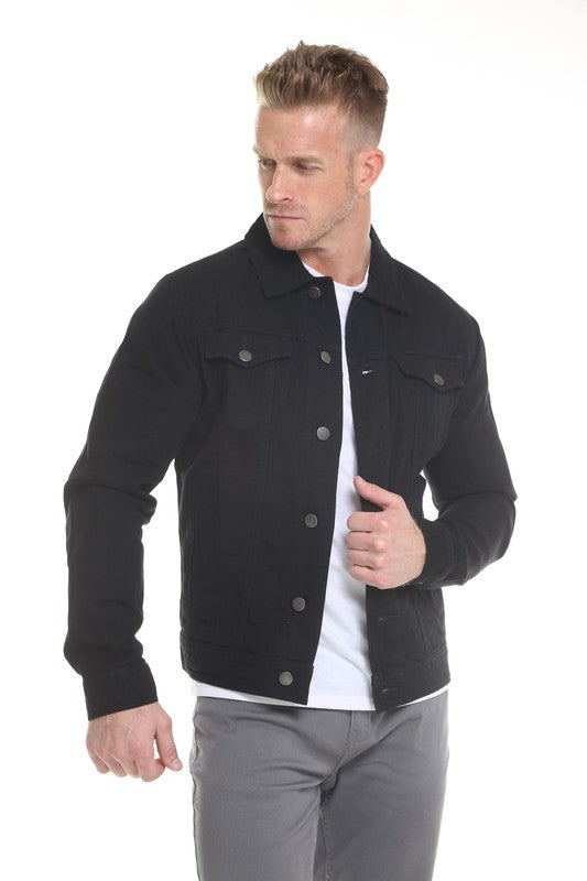 Men's solid black denim jacket, 100% cotton, casual style.