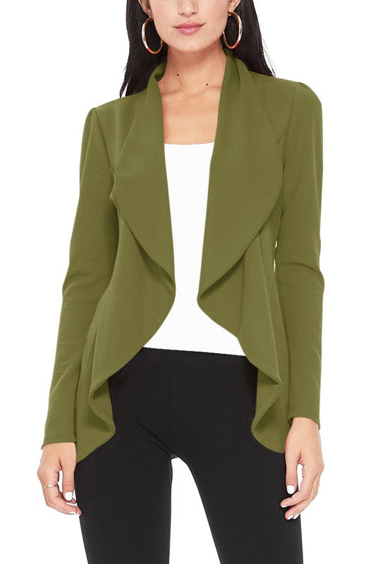 Solid waist length blazer with asymmetric hem and scrunched collar.