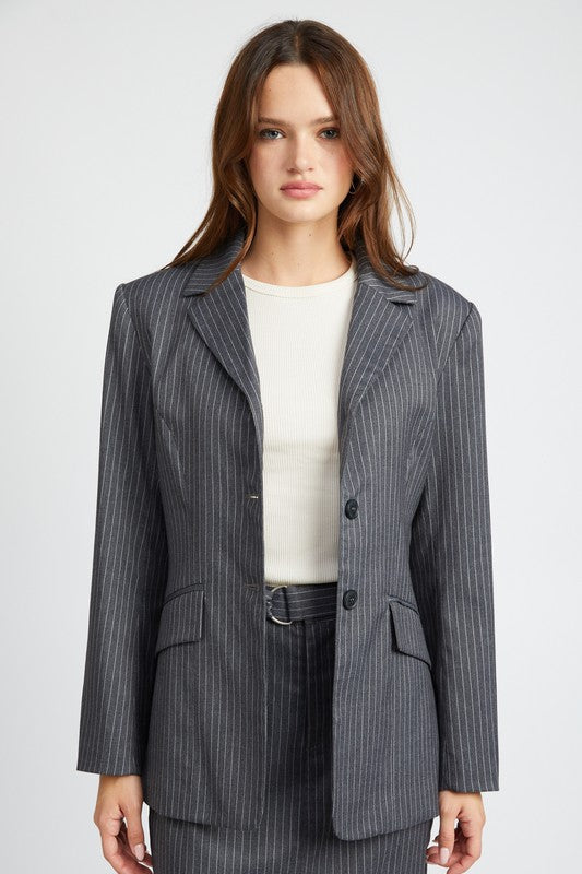 Pin striped blazer jacket in gray, featuring a tailored fit, non-stretch fabric, and front buttons.