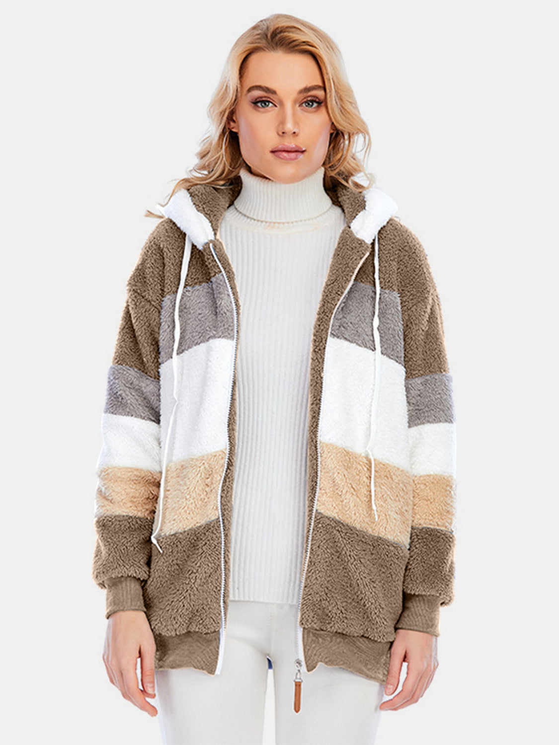 Full Size Drawstring Color Block Zip Up