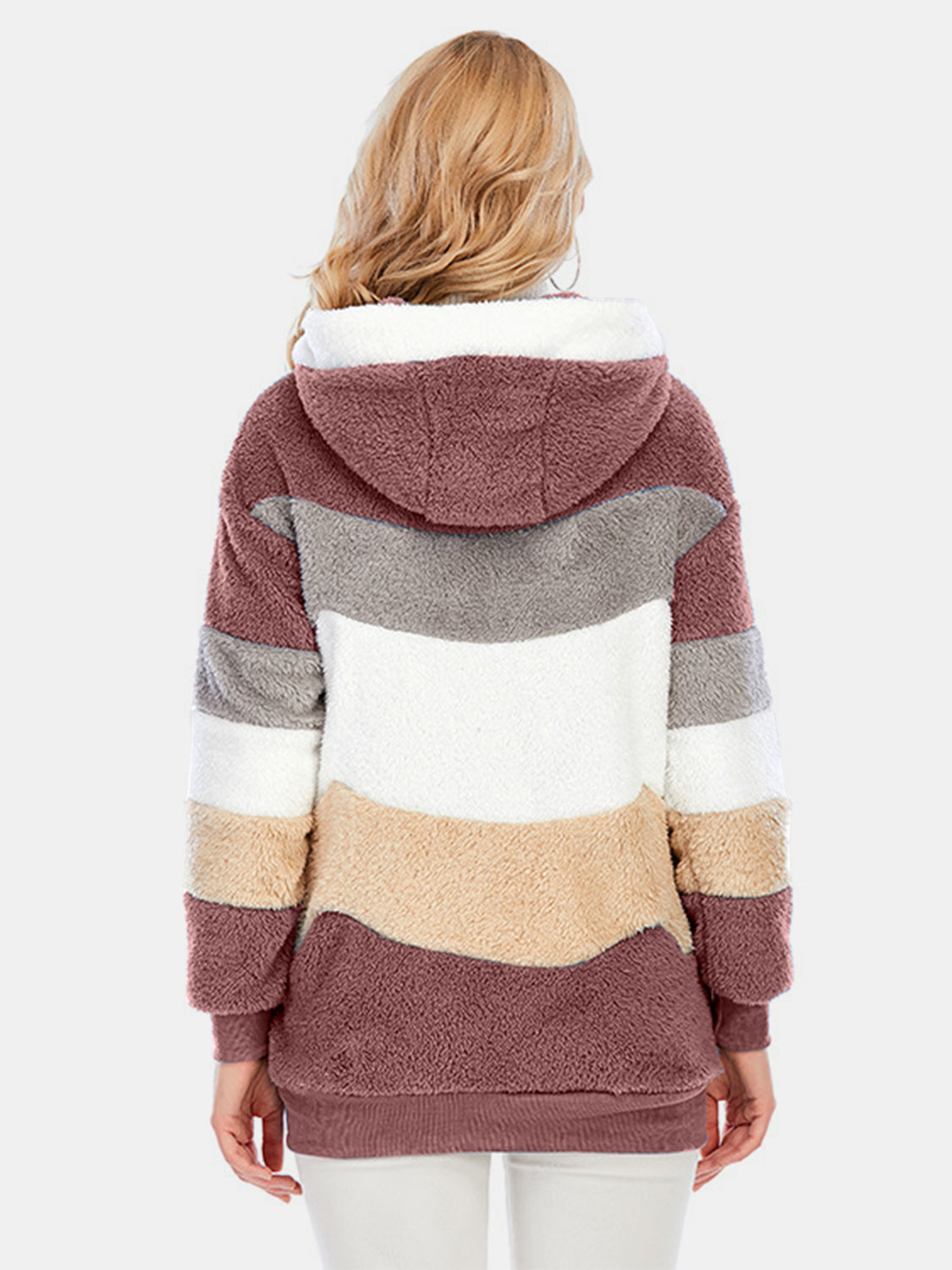 Full Size Drawstring Color Block Zip Up
