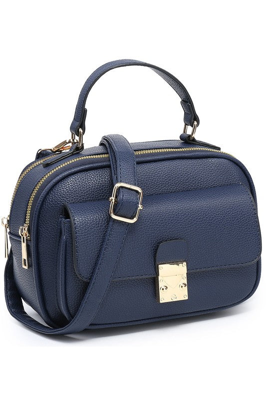 Sapphire Luxe Satchel in faux leather with gold-tone hardware and detachable strap.