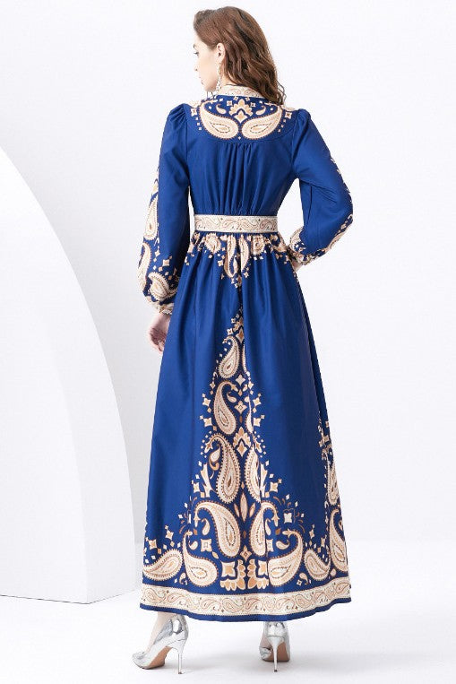 Majestic Allure Exquisite Blue and Gold Dress Design