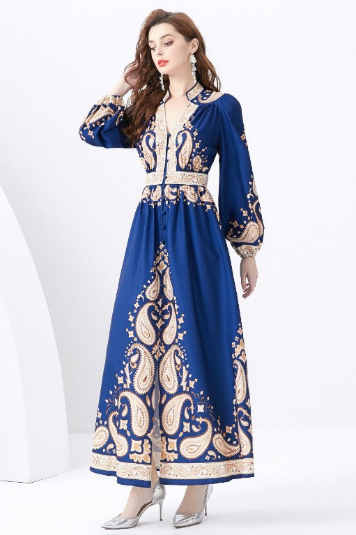 Majestic Allure Exquisite Blue and Gold Dress Design