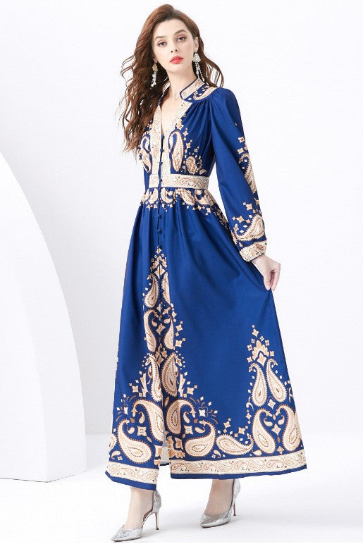 Majestic Allure Exquisite Blue and Gold Dress Design