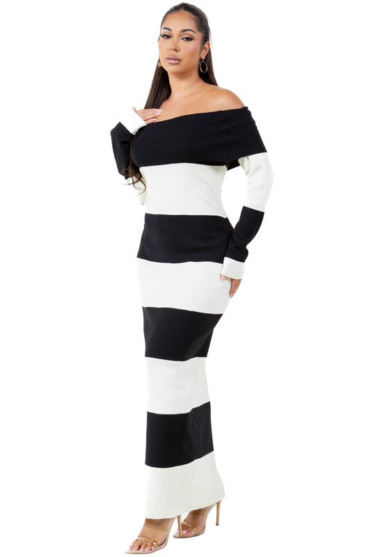 Classic Stripe Off-Shoulder Gown