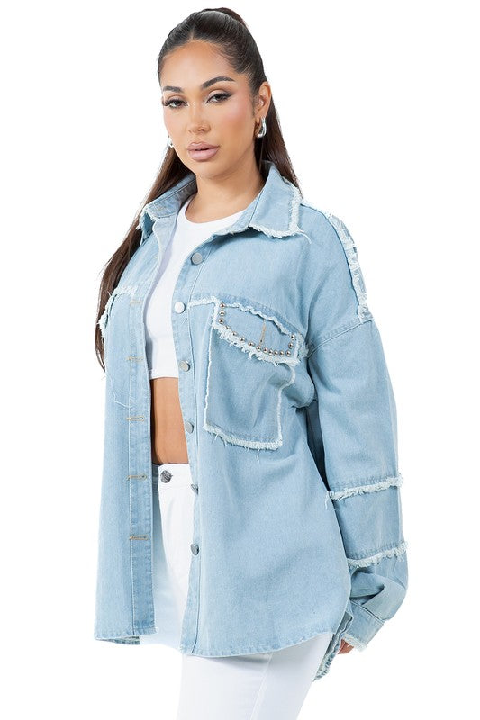 Azure Trim Denim Oversized Shirt