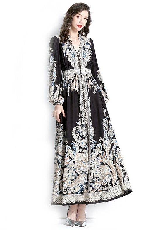 Monochrome Paisley Charm Maxi Dress