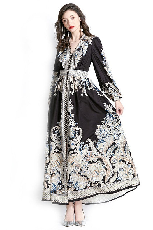 Monochrome Paisley Charm Maxi Dress