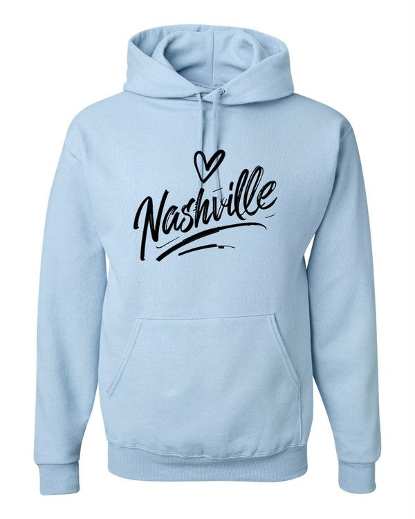 Cursive Nashville Hoodie Graphic Sweatshirt in light blue with black cursive print.