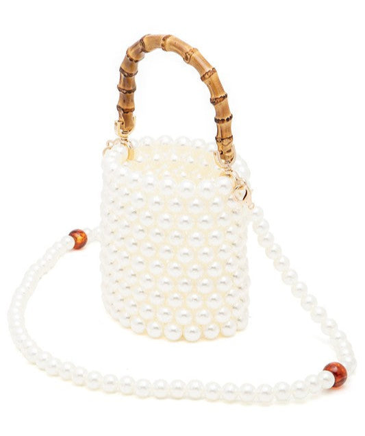 Bamboo Top Handle Beaded Bucket Clutch Bag