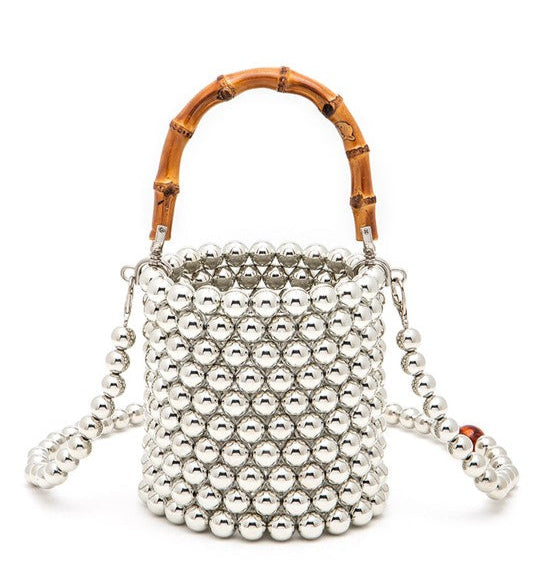 Bamboo Top Handle Beaded Bucket Clutch Bag