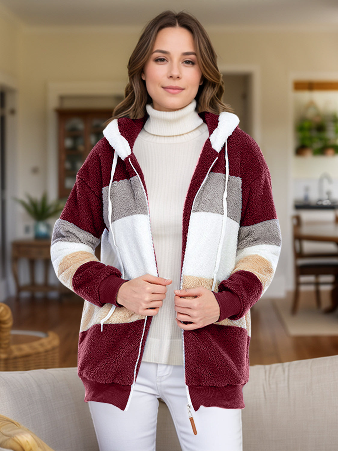 Full Size Drawstring Color Block Zip Up