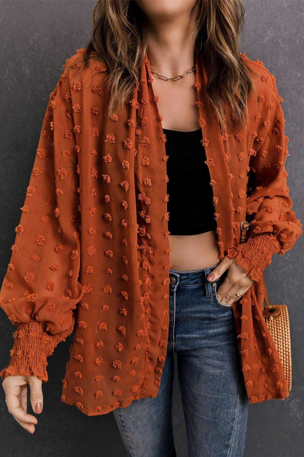 Swiss Dot Long Sleeve Shacket in orange with textured design and relaxed fit.