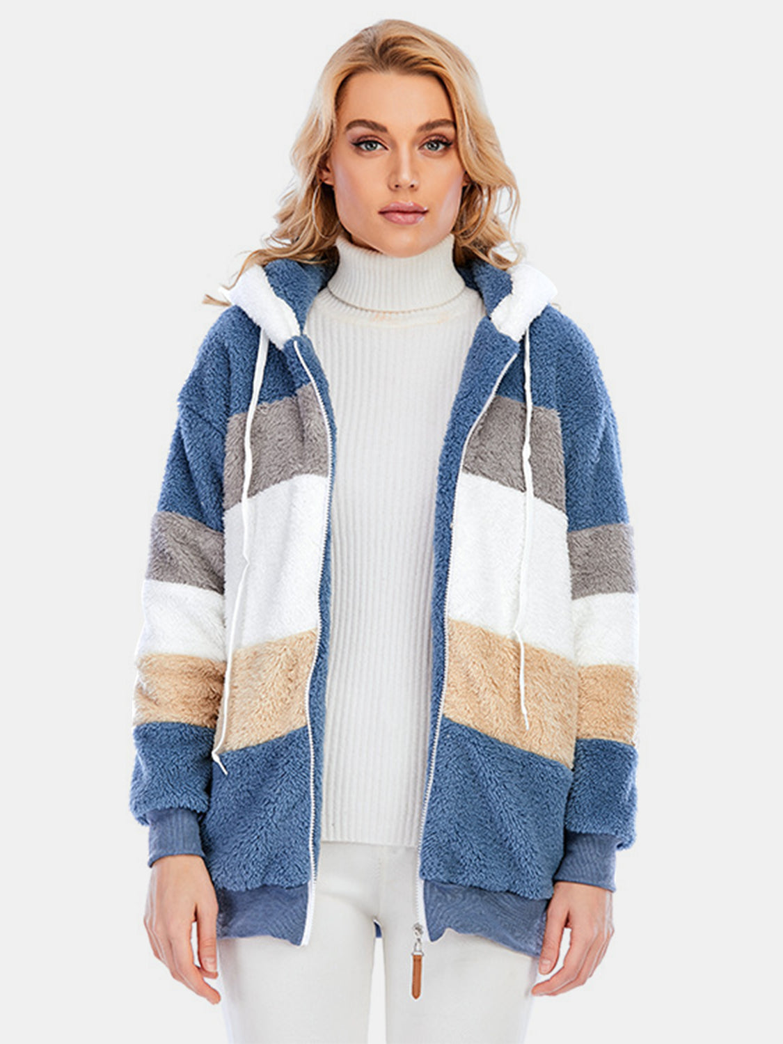 Full Size Drawstring Color Block Zip Up