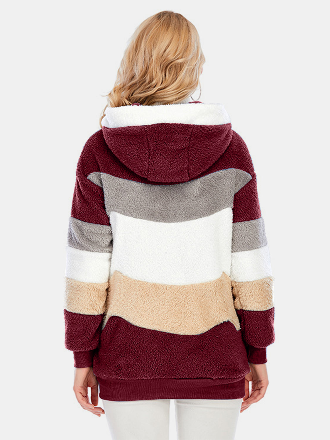 Full Size Drawstring Color Block Zip Up