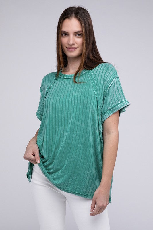 Ribbed Raglan Dolman Sleeve Boat-Neck Top in green, featuring a relaxed fit and textured fabric.