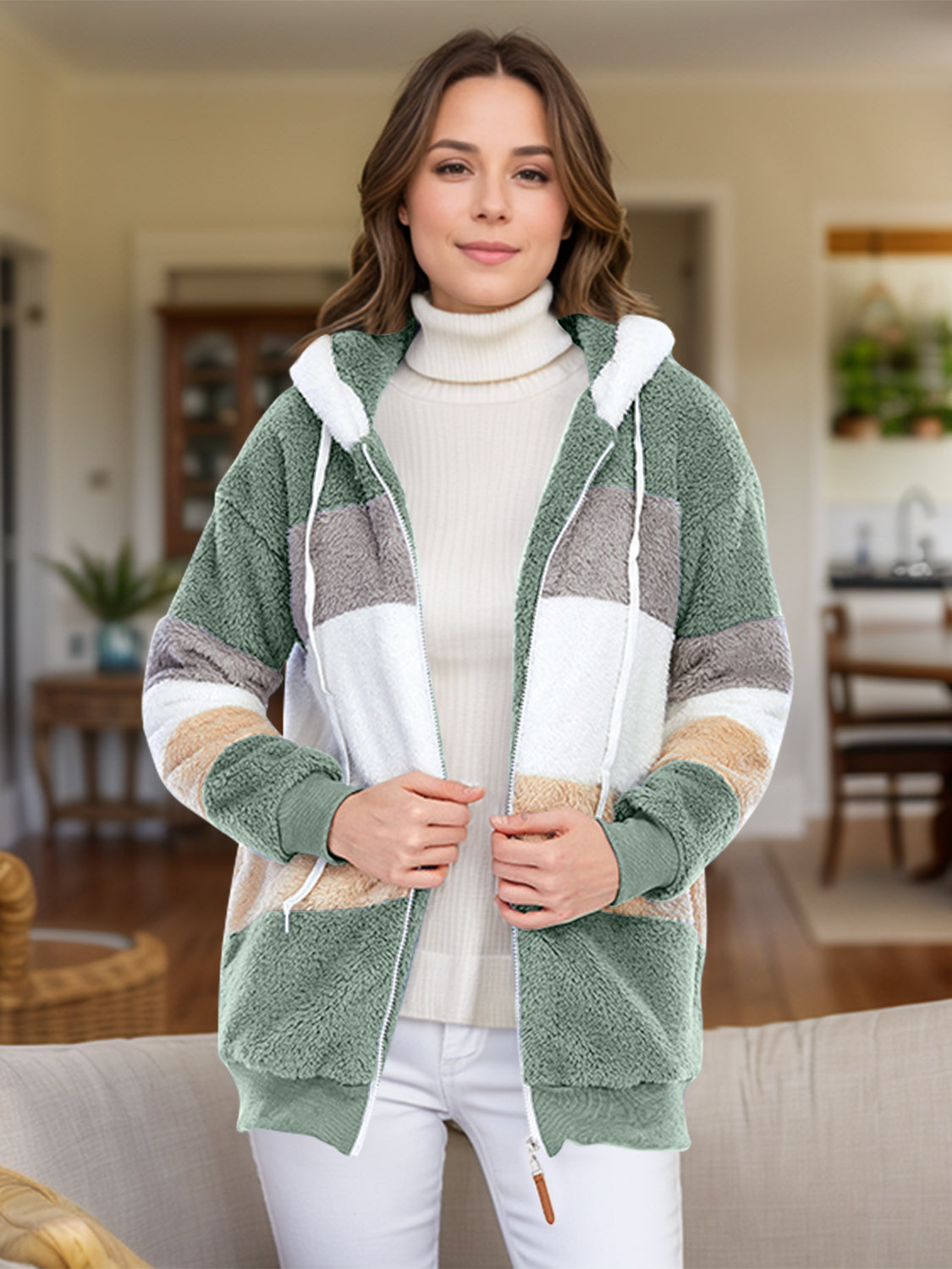 Full Size Drawstring Color Block Zip Up