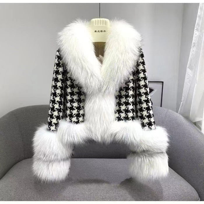Silver Collar Fox Fur Houndstooth Jacket