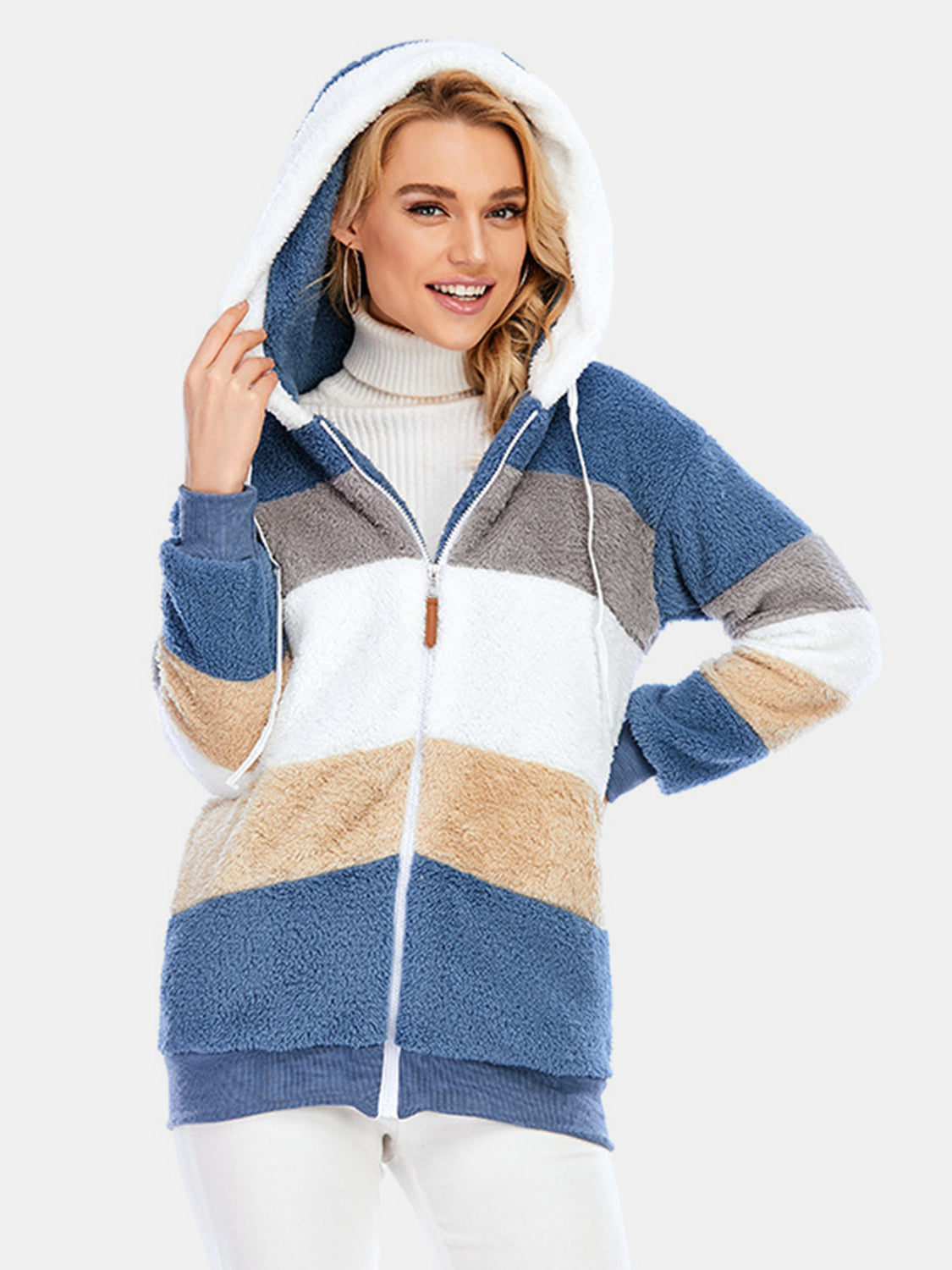 Full Size Drawstring Color Block Zip Up