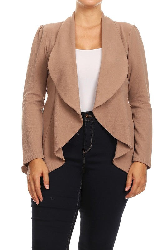 Plus size casual solid open front jacket blazer with asymmetric hem.