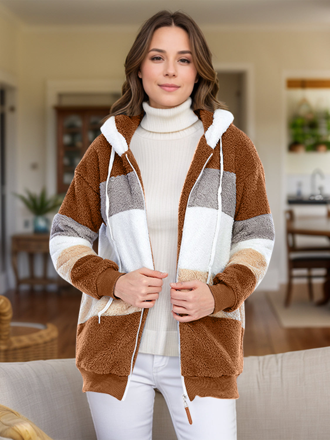 Full Size Drawstring Color Block Zip Up