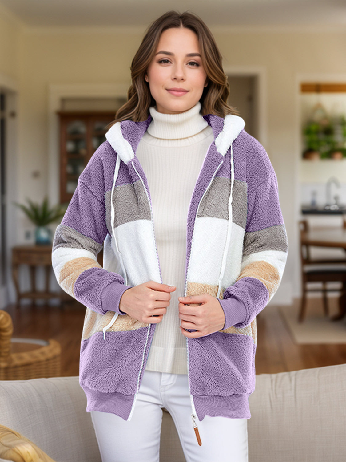 Full Size Drawstring Color Block Zip Up