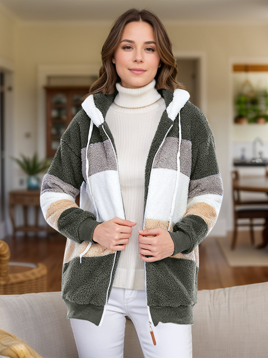 Full Size Drawstring Color Block Zip Up