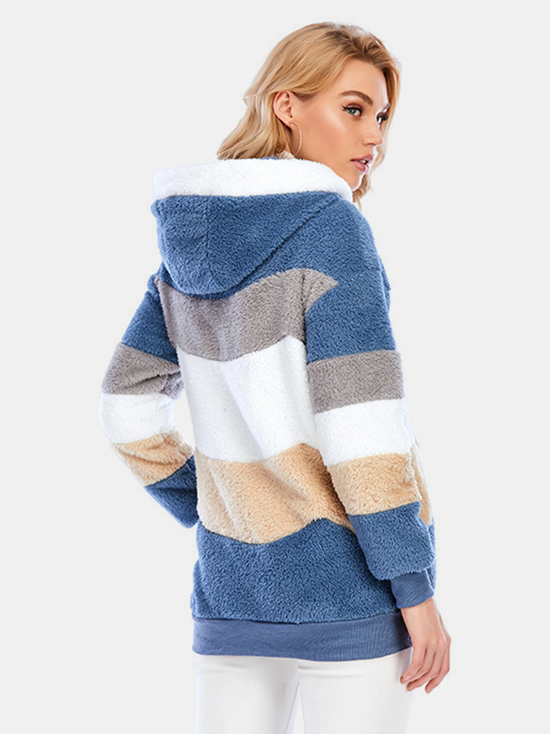 Full Size Drawstring Color Block Zip Up