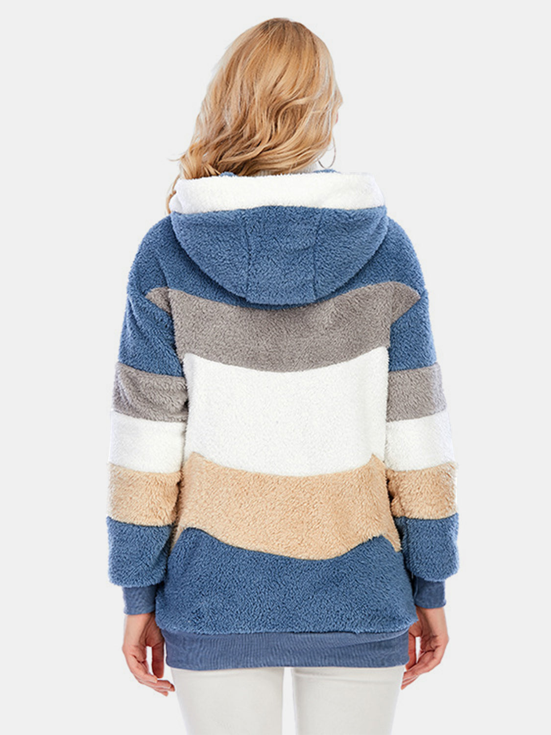Full Size Drawstring Color Block Zip Up