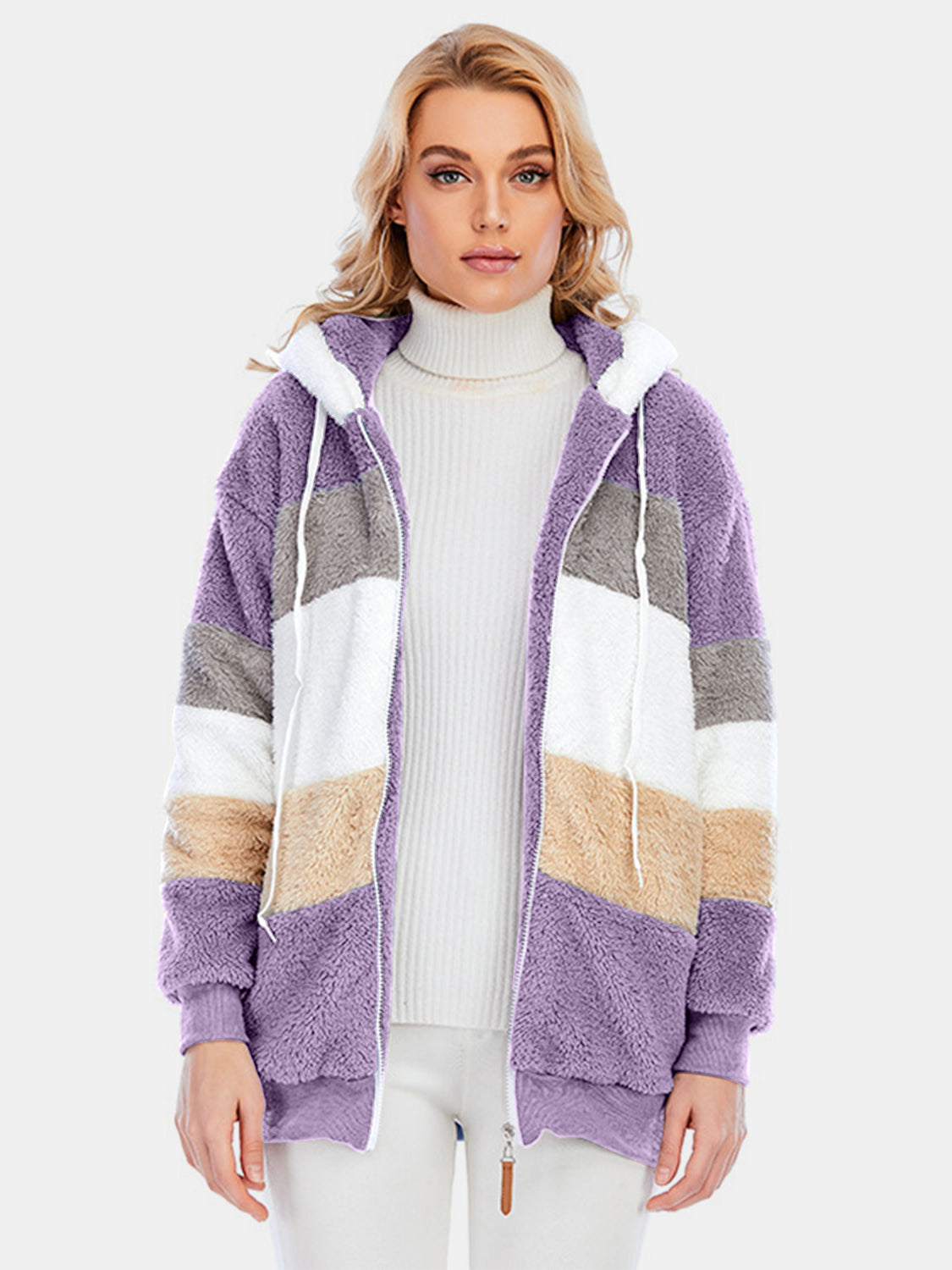Full Size Drawstring Color Block Zip Up