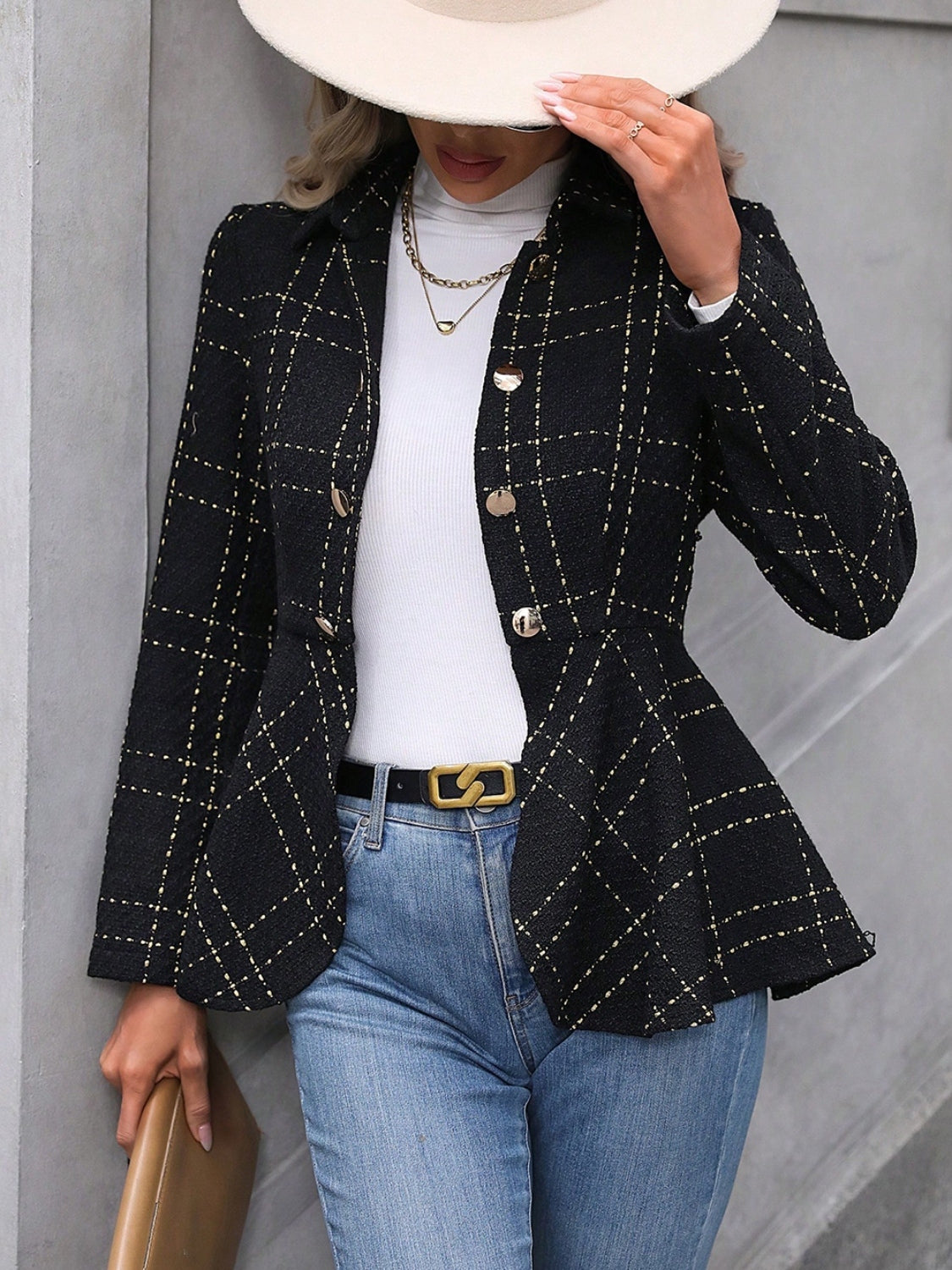 Ruffle Hem Collared Blazer with plaid pattern worn over white top and jeans.