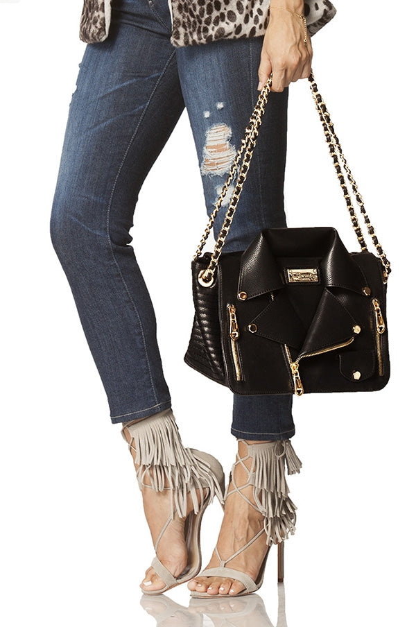 Elegant Cream Leather Motorcycle Jacket Handbag
