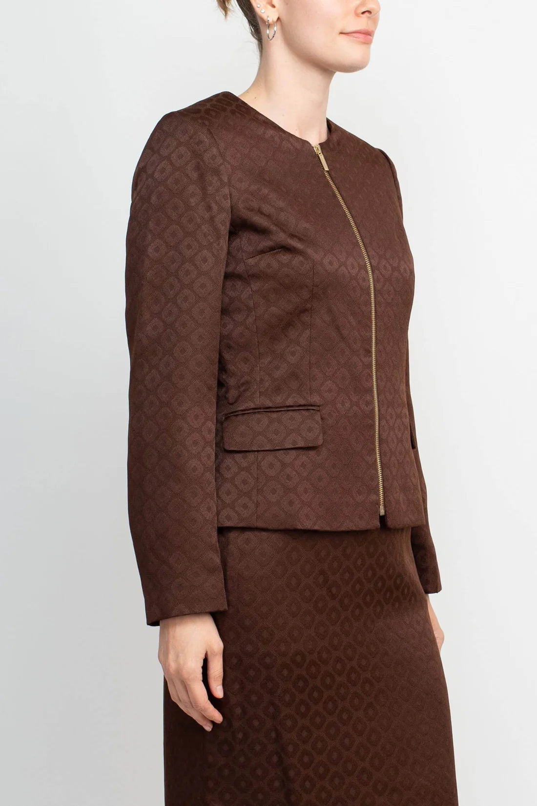 Crew Neck Long Sleeve Zipper Front Pencil Skirt Slit Back Jacquard Skirt Set