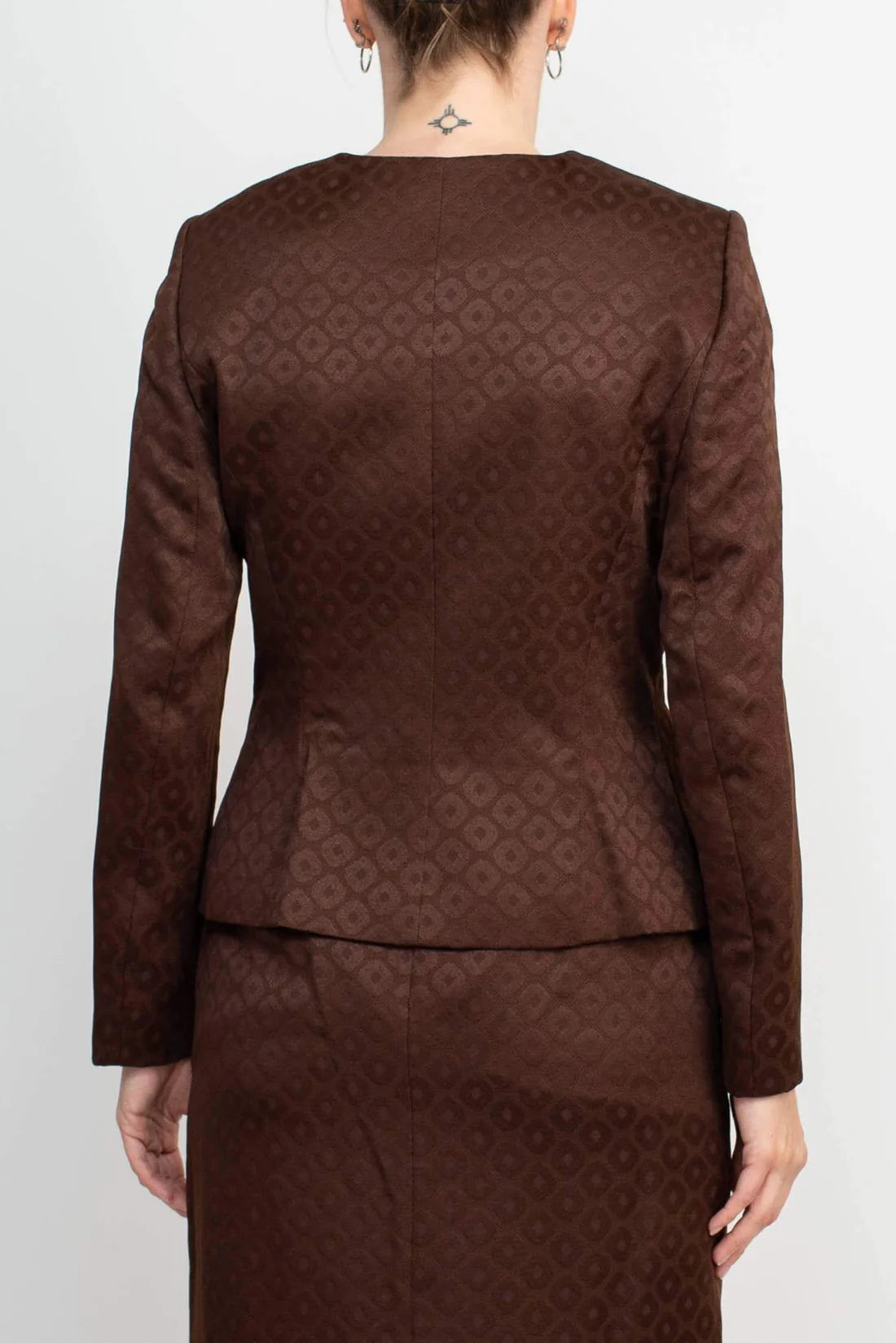 Crew Neck Long Sleeve Zipper Front Pencil Skirt Slit Back Jacquard Skirt Set