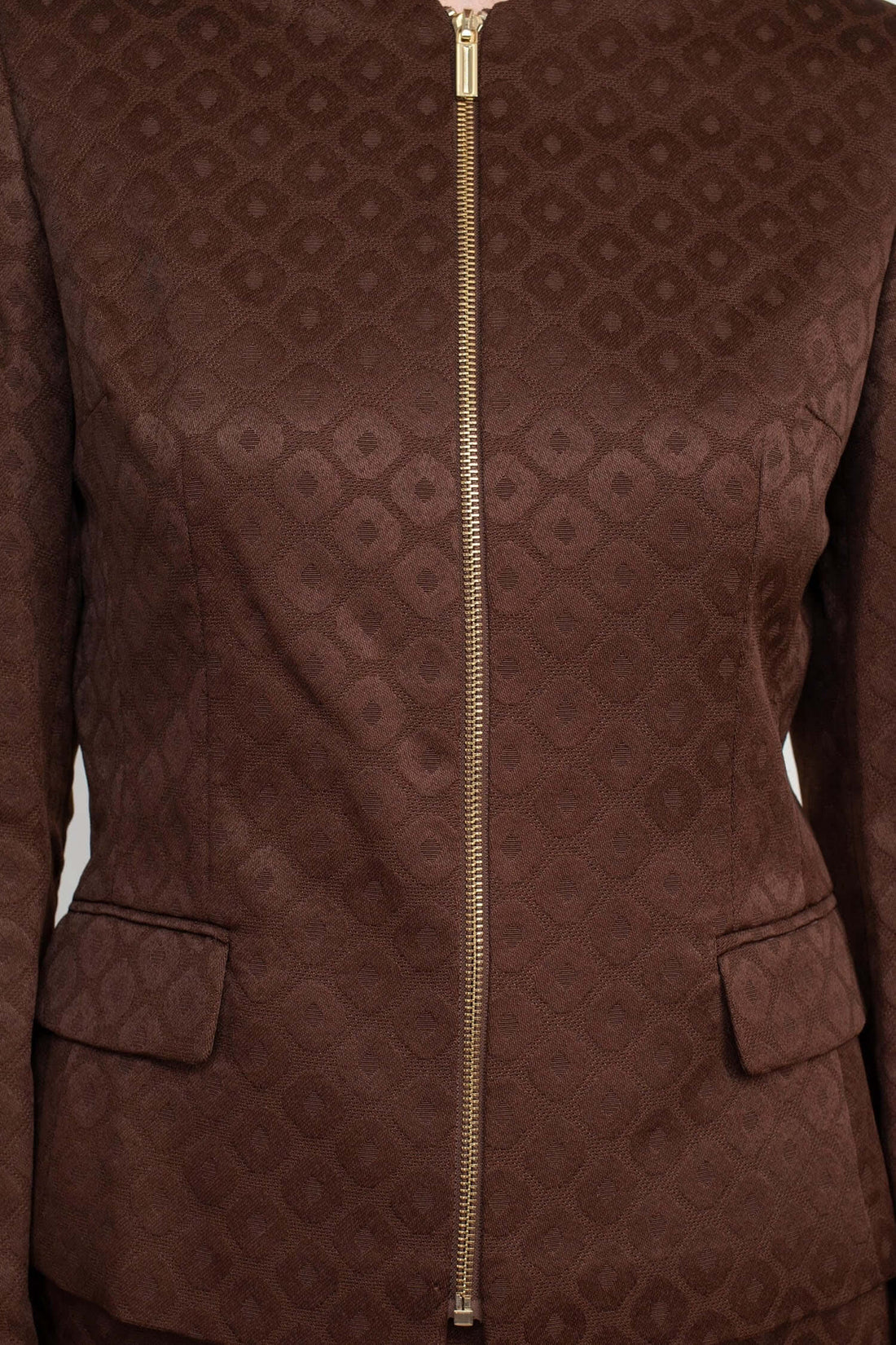 Crew Neck Long Sleeve Zipper Front Pencil Skirt Slit Back Jacquard Skirt Set